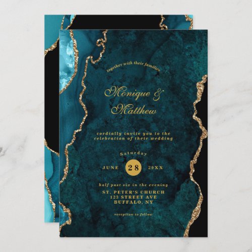 Modern Teal and Gold Agate Stone Wedding  Invitati Invitation