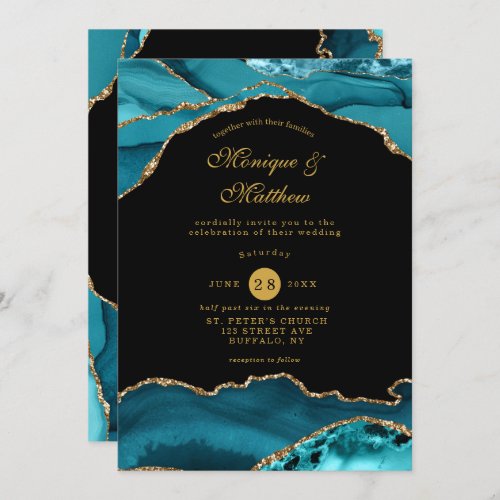 Modern Teal and Gold Agate Stone Wedding  Invitation