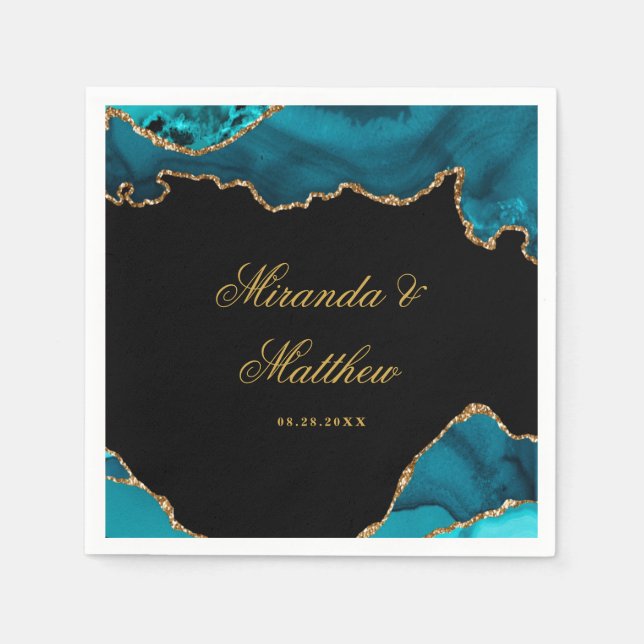 Modern Teal and Gold Agate Stone Wedding  Paper Pl Napkins (Front)