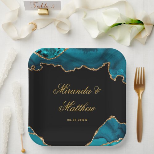 Modern Teal and Gold Agate Stone Wedding  Paper Plates