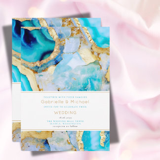 Modern Teal and Gold Agate Trendy Wedding Invitation