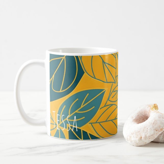 Modern Teal and Gold Botanical Leaf Coffee Mug (With Donut)