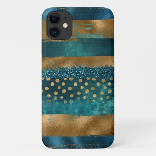 Modern teal and gold brush strokes iPhone 11 case