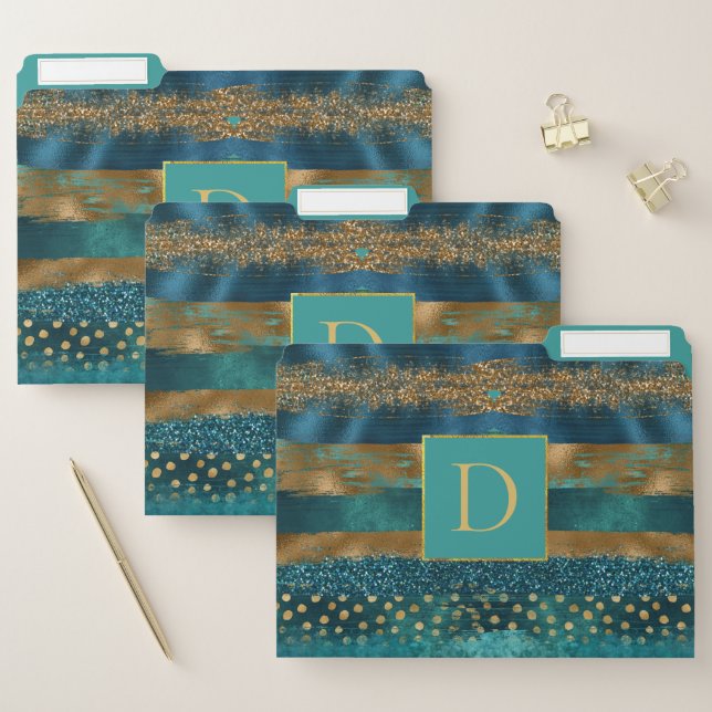 Modern teal and gold brush strokes, monogram  file folder (Set)