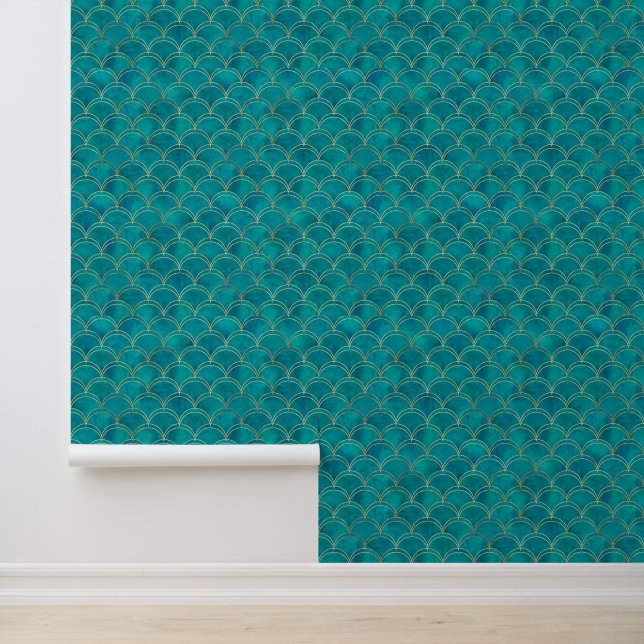 Modern teal and gold geometric print design wallpaper  (Application)