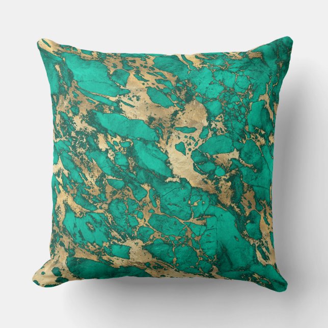 Modern Teal and Gold Marble Pattern Throw Pillow (Front)
