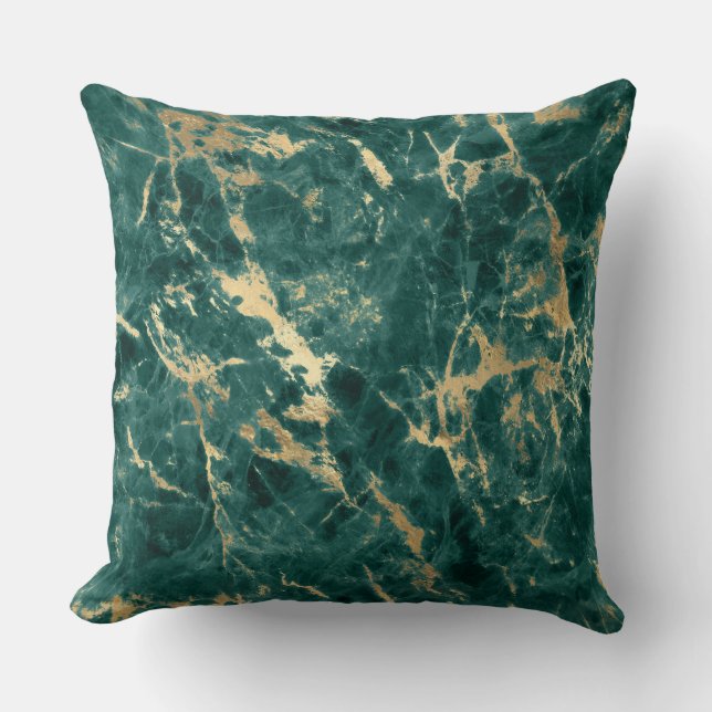 Modern Teal and Gold Marble Pattern Throw Pillow (Front)