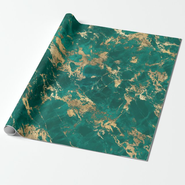 Modern Teal and Gold Marble Pattern Wrapping Paper (Unrolled)