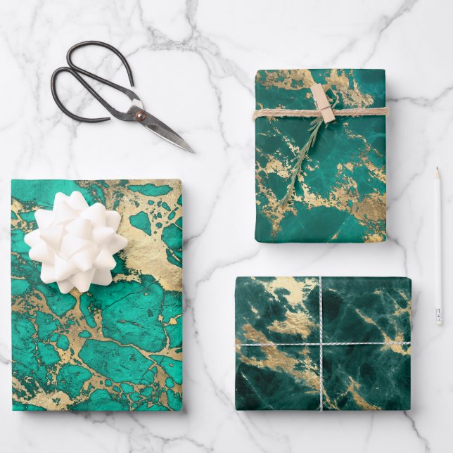 Modern Teal and Gold Marble Patterns Wrapping Paper Sheets (Front)