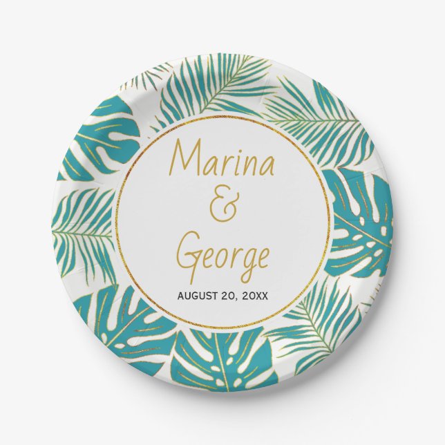 Modern teal and gold tropical leaves wedding paper plates (Front)
