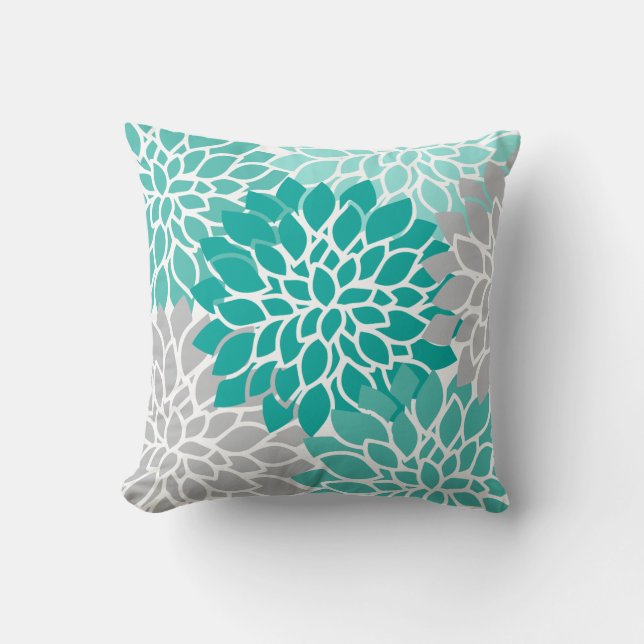 Modern Teal and Gray Floral Throw Pillow (Front)