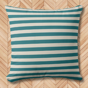 Modern Teal and Oatmeal Horizontal Striped  Outdoor Pillow