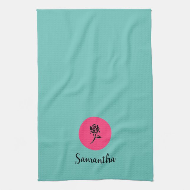 Modern Teal and Pink Rose Kitchen Towel (Vertical)