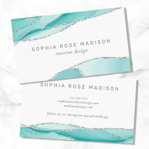 Modern Teal and Silver Geode Agate Watercolor Business Card