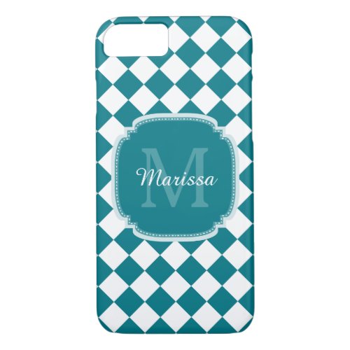 Modern Teal and White Checked Monogrammed Name iPhone 87 Case