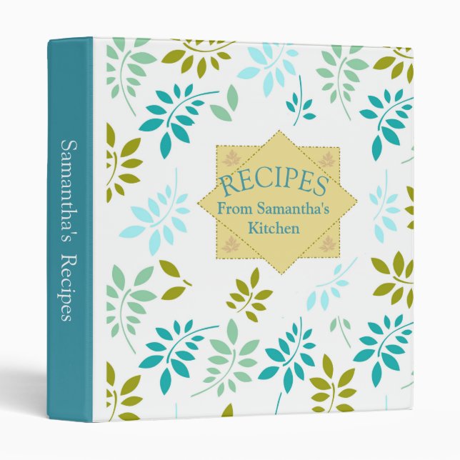 Modern Teal And White Leaf Pattern Recipe Cookbook 3 Ring Binder (Front/Spine)