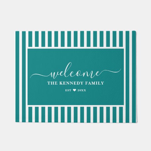Modern Teal And White Striped Family Name Welcome Doormat