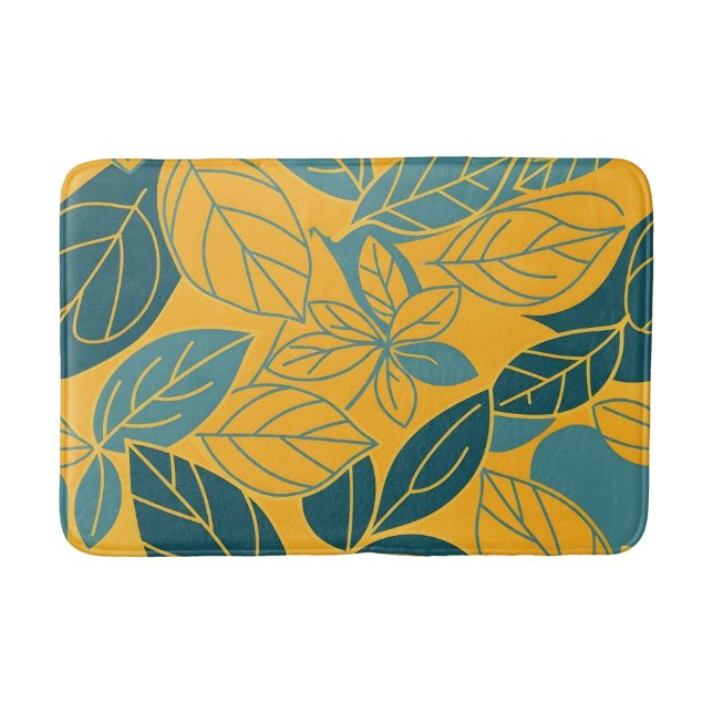 Modern Teal and Yellow Botanical Leaf Design Bath Mat (Front)