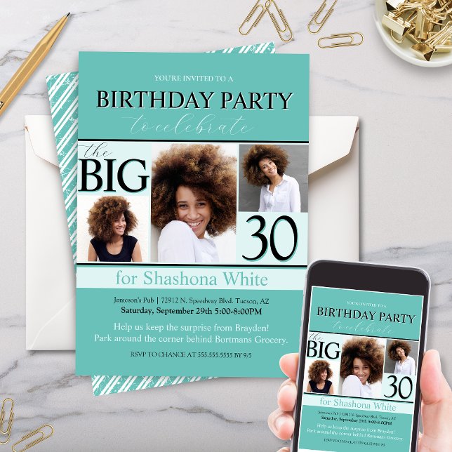 Modern Teal Aqua 30th Birthday Invitation (Elegant modern teal and aqua blue tiffany theme birthday party invitation for 30th 16th or any party)