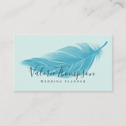 Modern teal aqua blue chic elegant boho feather business card