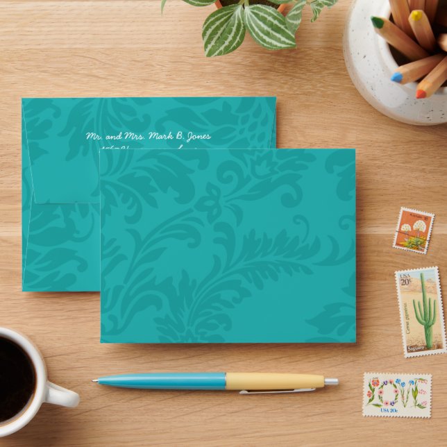Modern Teal Aqua Blue Damask Wedding Invite Envelope (Desk)