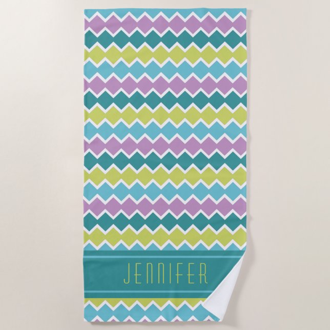 Modern Teal Aqua Geometric Pattern Personalized Beach Towel (Front)