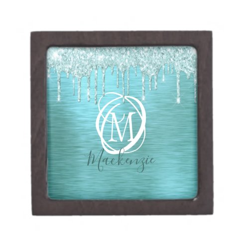 Modern Teal Aqua Glitter Drip Metallic Monogram  Gift Box
