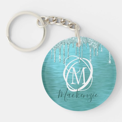 Modern Teal Aqua Glitter Drip Metallic Monogram Keychain