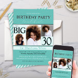 Modern Teal Aqua Tiffany 30th Birthday Invitation<br><div class="desc">Create a personalized party with these Modern Teal Aqua Tiffany 30th Birthday Invitations. Add 3 photos, personalize all of the text on the invitation. Change the year and celebrate a 16th, 21st, 30th, 40th, 50th, 60th or any kids birthday party! Customize every element of the design to create your perfect...</div>