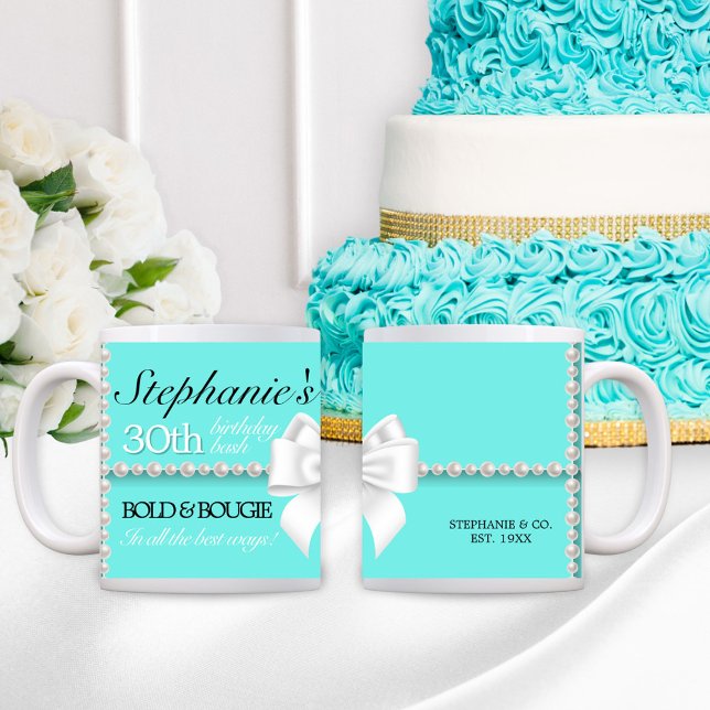 Modern Teal Aqua Tiffany Bold & Bougie Birthday Coffee Mug (Teal Aqua Tiffany Theme Birthday Gift for Her Bold & Bougie 30th Birthday Mug with Pearls and Bow)