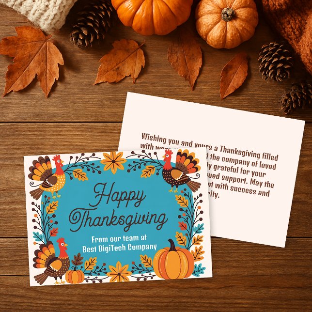 Modern Teal Autumn Turkey Corporate Thanksgiving Card (Creator Uploaded)