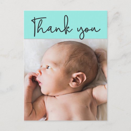 Modern Teal Baby boy Photo thank you Script  Announcement Postcard