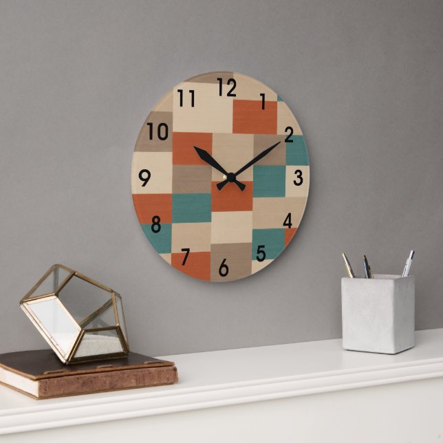 Modern Teal & Beige Geometric Blocks Large Clock (Office)