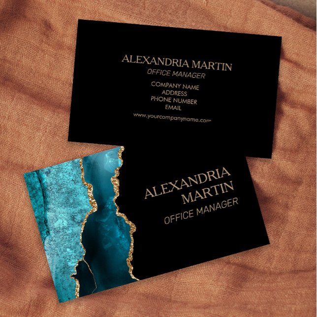 Modern Teal Black Gold Glitter Marble Business Card (Teal, black, and gold marble business card )