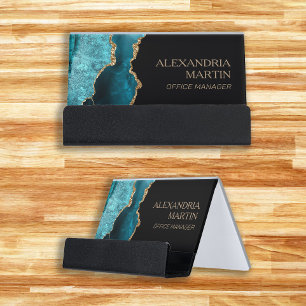 Modern Teal Black Gold Glitter Marble Desk Busines Desk Business Card Holder