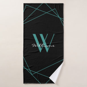 Modern Teal Black Monogram Geometric Name Script Bath Towel
