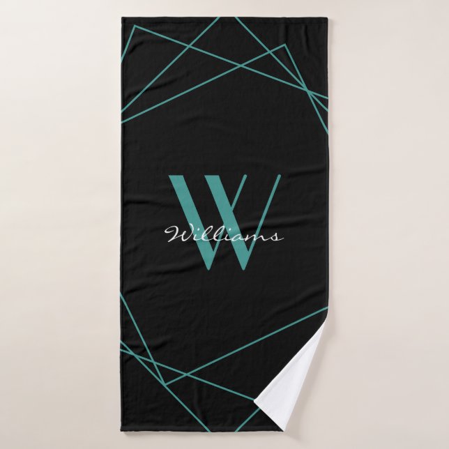  Modern Teal Black Monogram Geometric Name Script Bath Towel (Bath Towel)
