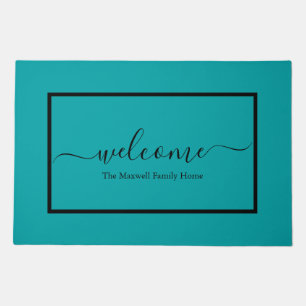 Modern teal black script family name welcome doormat