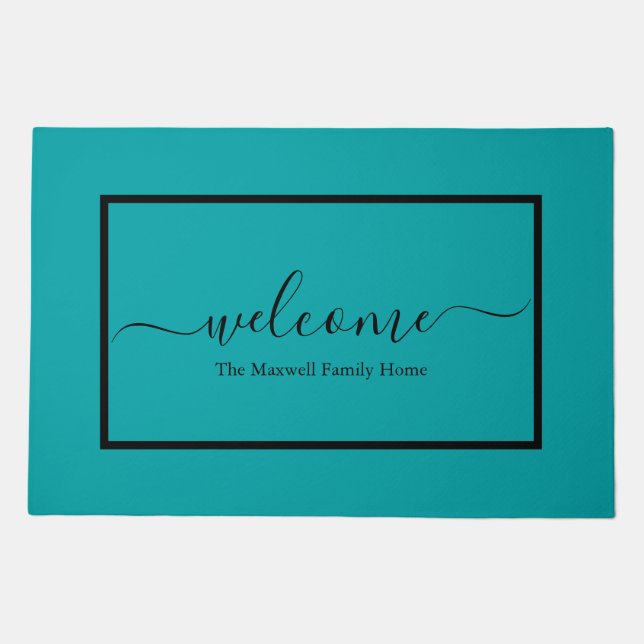 Modern teal black script family name welcome  doormat (Front)