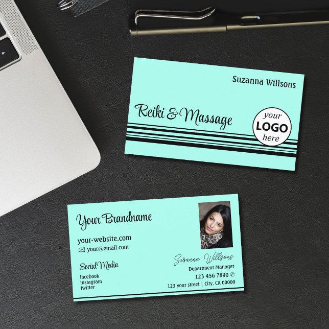 Modern Teal Black Stripes with Logo and Photo Business Card (Creator Uploaded)