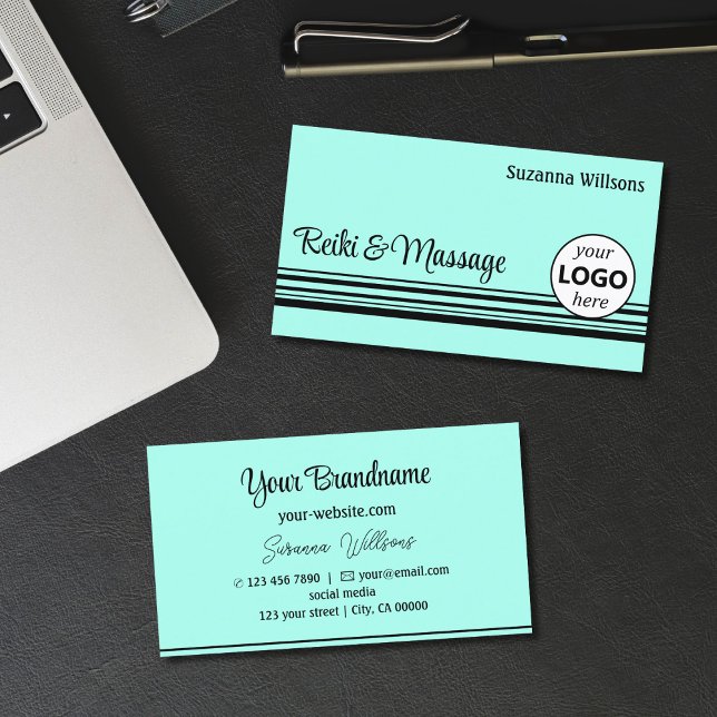 Modern Teal Black Stripes with Logo Professional Business Card (Creator Uploaded)