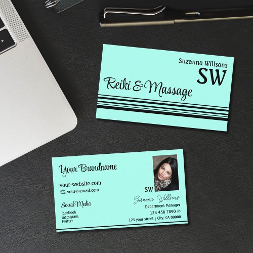 Modern Teal Black Stripes with Monogram and Photo Business Card