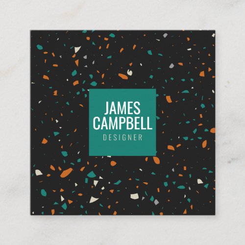 Modern teal black terrazzo marble abstract pattern square business card