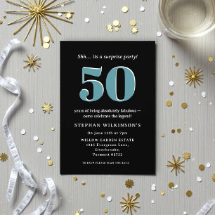 Modern Teal black Typography 50th Surprise Party Invitation