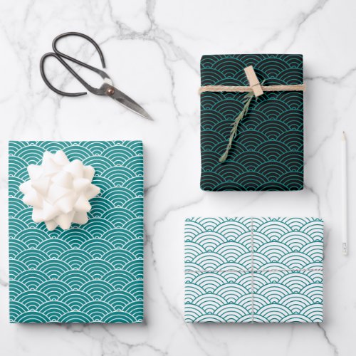 Modern Teal Black White Geometric Japanese Wave Wrapping Paper Sheets