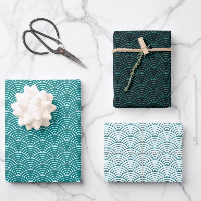 Modern Teal Black White Geometric Japanese Wave Wrapping Paper Sheets (Front)