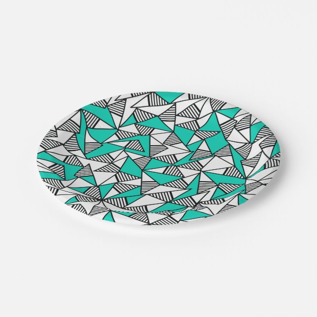 Modern Teal, Black, & White Striped Triangles Paper Plates (Angled)