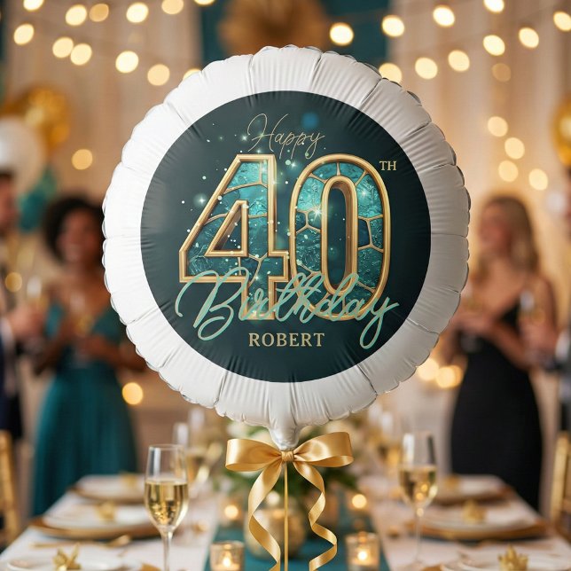 Modern Teal Blue Agate Gold Men's 40th Birthday Balloon (Creator Uploaded)