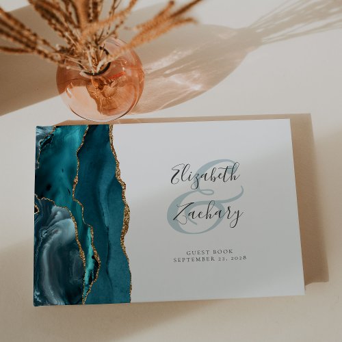 Modern Teal Blue Agate Gold Script Guest Book