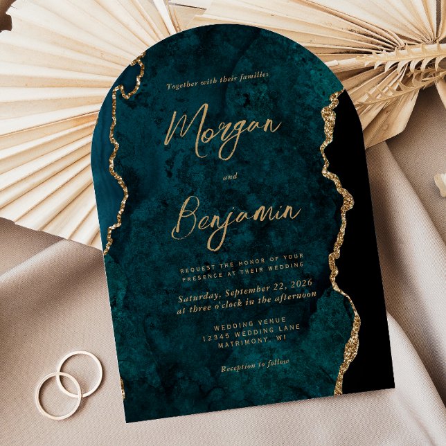 Modern Teal Blue Agate Script Arch Wedding Invitation (Creator Uploaded)